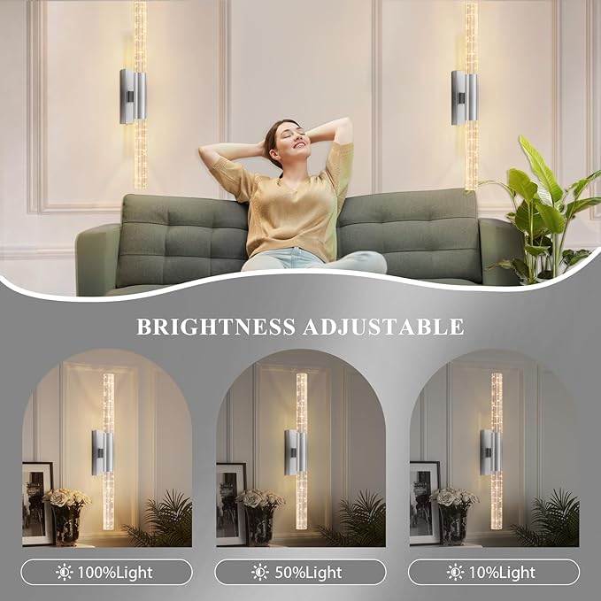 camuucci Battery Operated Wall Sconces Set of 2 Rechargeable Battery Powered Wall Light with 12000mAh Not Hardwired Dimmable Wall Lamp Fixtures for Bedroom Living Room Silver 25.6 Inches