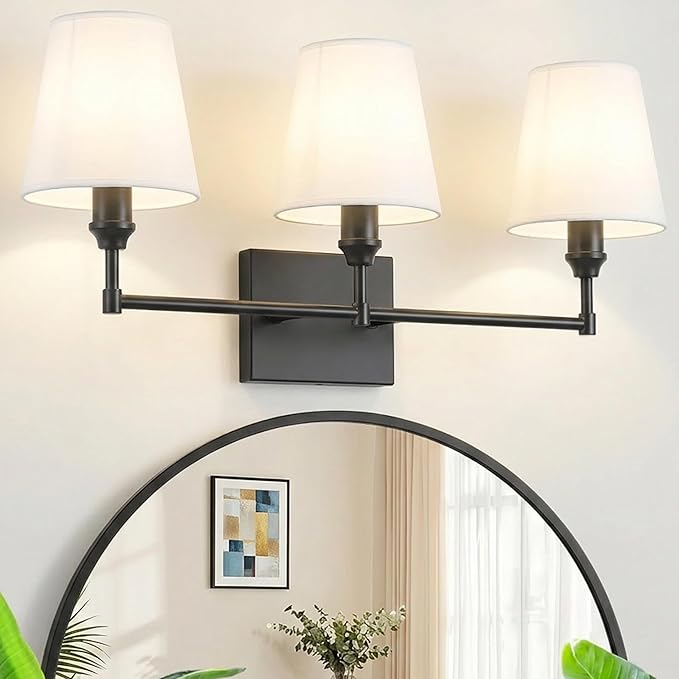 Vanity Lights For Bathroom,23.6 In Black Bathroom Light Fixtures Over Mirror,Vintage 3-Light Vanity Light With Flared White Fabric Lampshade For Bedroom,Hardwired Hallway Sconce Light,E12 Base