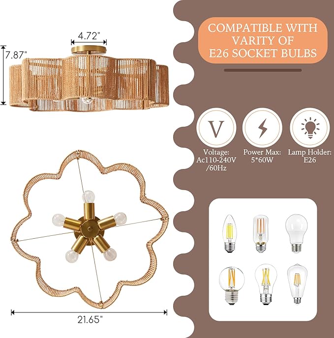 21” Rattan Light Fixtures Ceiling Light， Wicker Boho Chandelier with Hand Woven Brushed Brass Finish Flower Shade for Kids Room Bedroom Laundry Room Cloak Room 5-Light