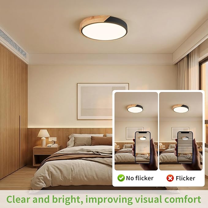 Modern LED Ceiling Light for Bedroom: Minimalist Wood Flush Mount Ceiling Light Fixture with Acrylic Lampshade - 3000K Not Dimmable Overhead Ceiling Lamps for kitchen hallway living room (11.8" Black)
