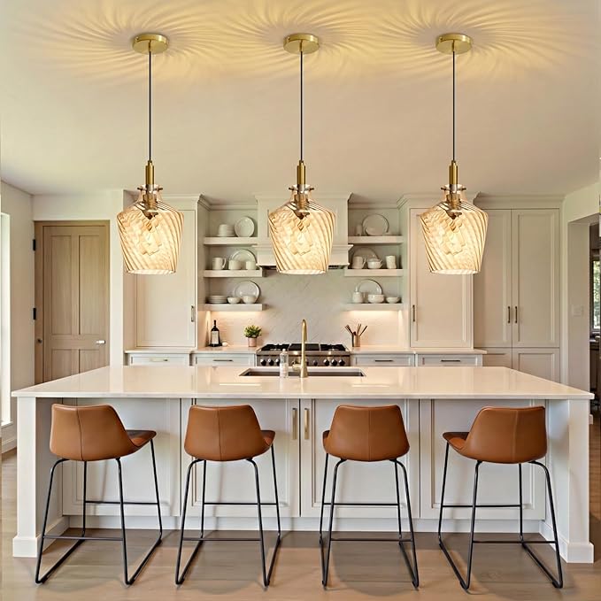 Modern Amber Glass Pendant Light for Kitchen Island 1 Pack, Farmhouse Gold Pendant Light Fixtures Adjustable Hanging Ceiling Light Angled Striped Amber Glass Shades 8 Inch
