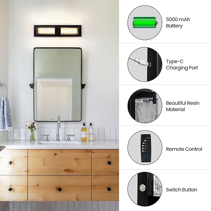 Battery Operated Resin Wall Sconce - Wireless Rechargeable Black Wall Light Dimmable LED Remote Wall Sconces Lighting Modern Cordless Vanity Light Fixtures No Wiring for Living Room Bedroom Bathroom