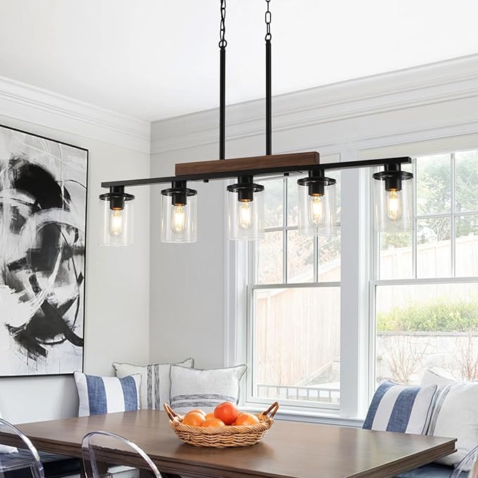 36.2‘’ Kitchen Lighting, 5-Light Dining Room Light Fixture Chandelier Over Table, Black Modern Rustic Wood Ceiling Pendant Light Fixtures, with Clear Glass Shade, Farmhouse Chandelier
