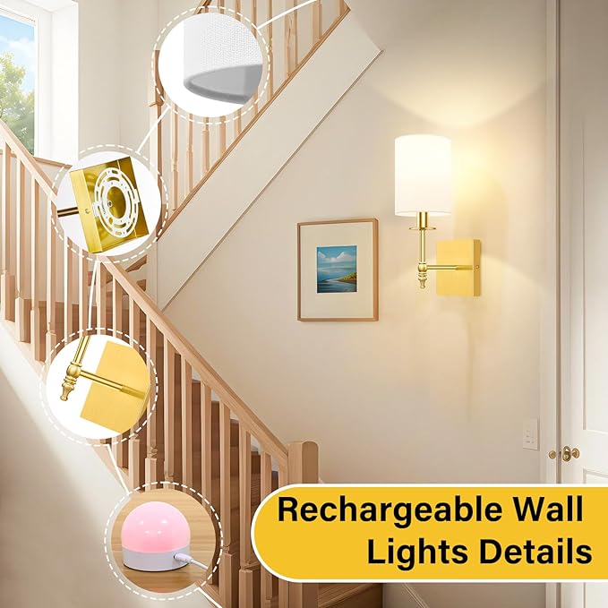 Bosceos 14.5 Inch Battery Operated Wall Sconces Set of 2, Gold Rechargeable Wall Lights with Remote, Wireless Wall Lamps with 15 Color Dimmable Bulbs for Bedroom Living Room Hallway Decor