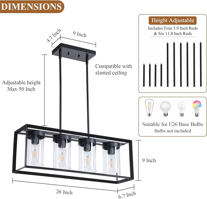Black Rectangle Farmhouse Chandeliers, 4-Light Dining Room Light Fixture with Clear Glass Shades,Modern Metal Industrial Kitchen Island Lighting Fixtures Ceiling Hanging Pendant Lights