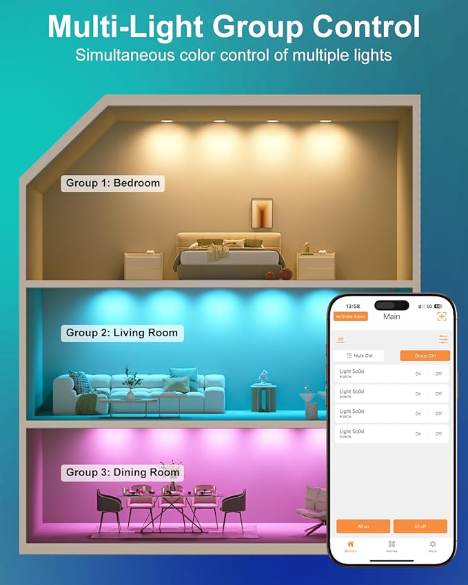 LED Recessed Lighting 5/6 inch, Bluetooth Smart Can Lights, 13W 1050LM, RGB Color Changing, Retrofit Recessed Light Fixtures Compatible with Alexa for Bedroom, Living Room, and Kitchen, 12Pack