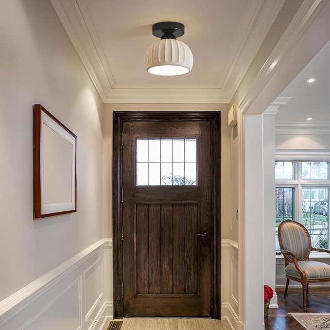 2 Pack Ceramic Black Semi Flush Mount Ceiling Light Vintage Hallway Light Fixtures, Modern Small Ceiling Mount Light Lamp for Hall Kitchen Entryway Passway Porch Foyer