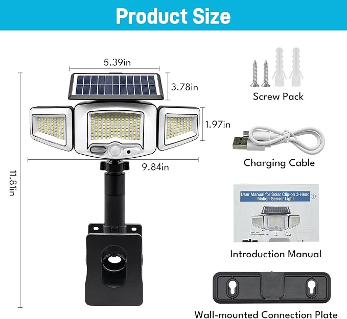 Solar Flood Lights Outdoor, 231 LEDs Clip-on Motion Sensor Lights 2000LM , 3 Heads Security Light with 360° Wide Angle,IP65 Waterproof Flood Wall Light with 3 Modes for Backyard,Patio,Garage(1 PACK)