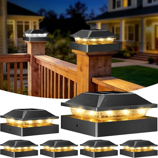 Peasur 4x4 Solar Post Cap Lights 6 Pack, 2 Modes 16 LED Post Lights Solar Powered Waterproof, Black Fence Deck Lights Fit 4x4, 3.5x3.5 Wooden/Vinyl Post for Porch Patio