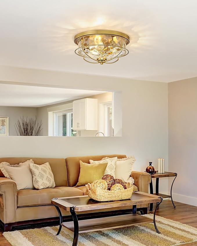 15 Inch Flush Mount Ceiling Light, HWH 3-Light Modern Close to Ceiling Light Fixtures Brushed Gold Finish for Kitchen Porch Foyer with Hammered Water Ripple Glass, 5HTJ102WG-F BG