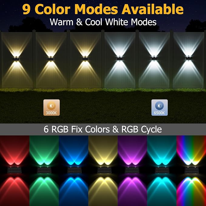 Solar Fence Lights Outdoor Waterproof, Warm & Cool White RGB Dusk to Dawn LED Wall Mount Sconce Light Up & Down Deck Lights Solar Powered for Outside Garden Patio Backyard Garage(6 Pack)