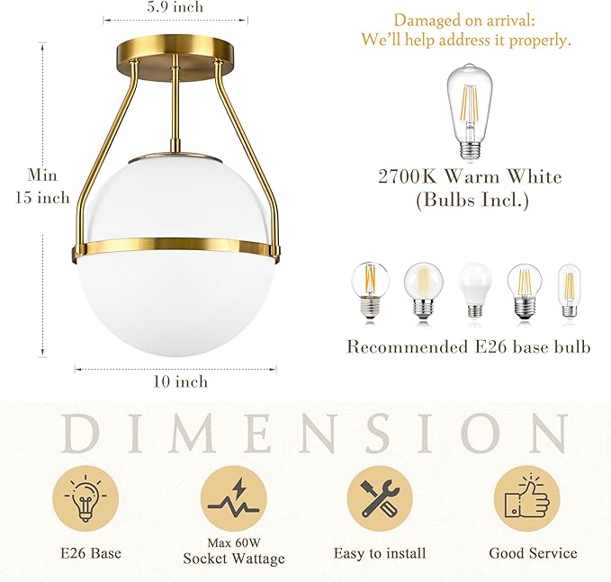 Bagood 10" Modern Semi Flush Mount Ceiling Light Fixture Mid Century Ceiling Light Globe Ceiling Light Fixture with Milk Glass Shade Brass Finish for Kitchen Island Hallway Living Room (Bulb Incl.)