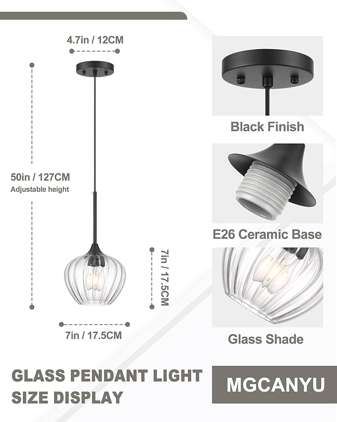 2-Pack Glass Pendant Lights Kitchen Island, 7" Modern Black Glass Pendant Lighting Farmhouse Hanging Light Fixtures for Kitchen, Dining Room, Bathroom, Bedroom