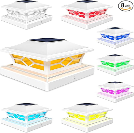 VOLISUN Solar Post Cap Light Outdoor Waterproof: RGB Color Changing - Solar Fence Cap Flashing Lights 8Pack White for 4x4 5x5 6x6 Wooden Vinyl Post