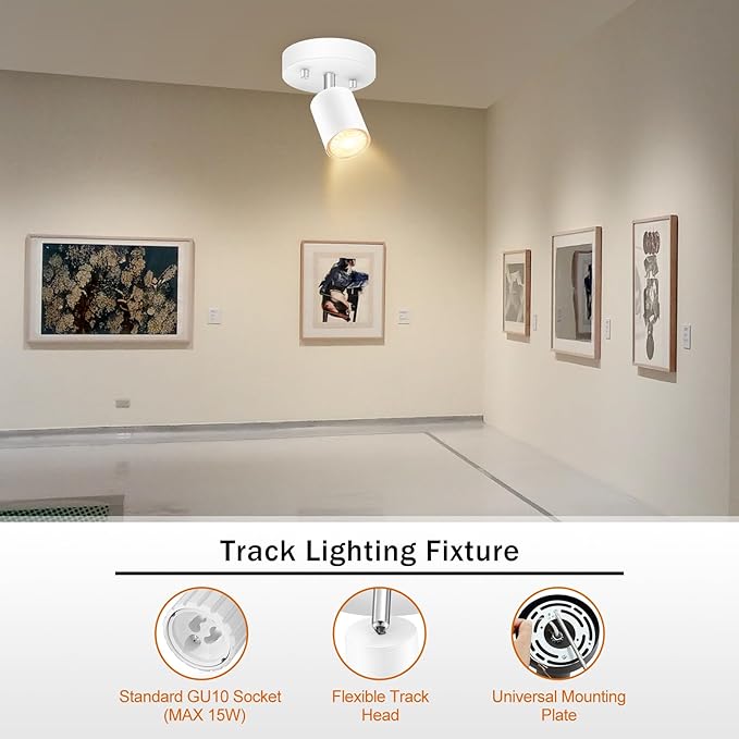 Track Lighting Fixture Ceiling, Modern LED Track Lighting Kit, White Ceiling Light for Kitchen, Rotatable Spotlight Heads, Wall Mount Spot Lighting for Island/Bedroom/Hallway (GU10 Socket, NO Bulb)