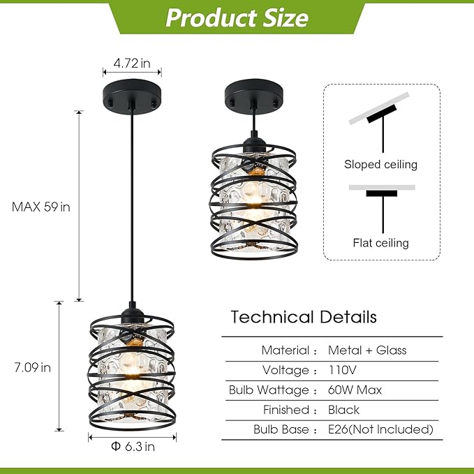 Black Mini Pendant Light Fixture 1-Pack Modern Kitchen Island Pendant Lighting 6.3 Inch Spiral Cage Handblown Hammered Seeded Glass Shade for Dining Room Bedroom Foyer Hallway Bar, E26