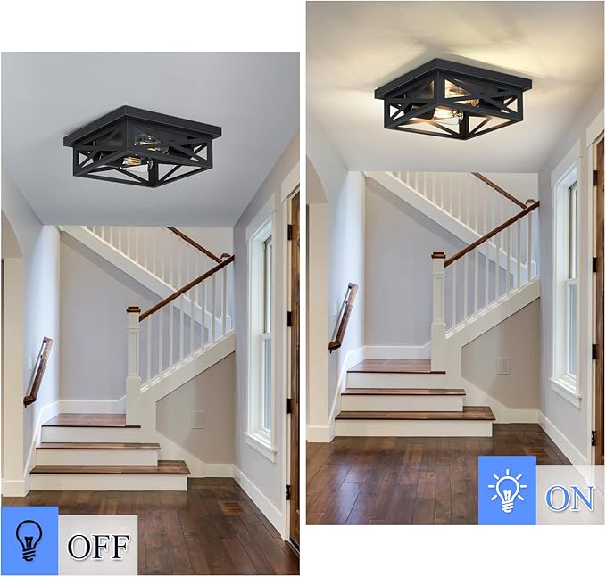 Black Flush Mount Ceiling Light Fixture,2-Light Square Hallway Light Fixtures Ceiling,Light Fixtures Ceiling Mount for Farmhouse,Kitchen,Hall,Bedroom (2 Pack)