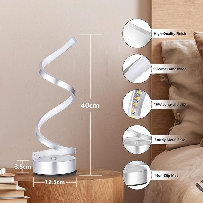 NUÜR Infinity Spiral LED Table Lamp, Dimmable Metallic Bedside Lamp with Touch Controller, 3 Colour Temperature, 15.8 Inch Height, Decorative Lamp for Home, Living Room & Office (Silver)