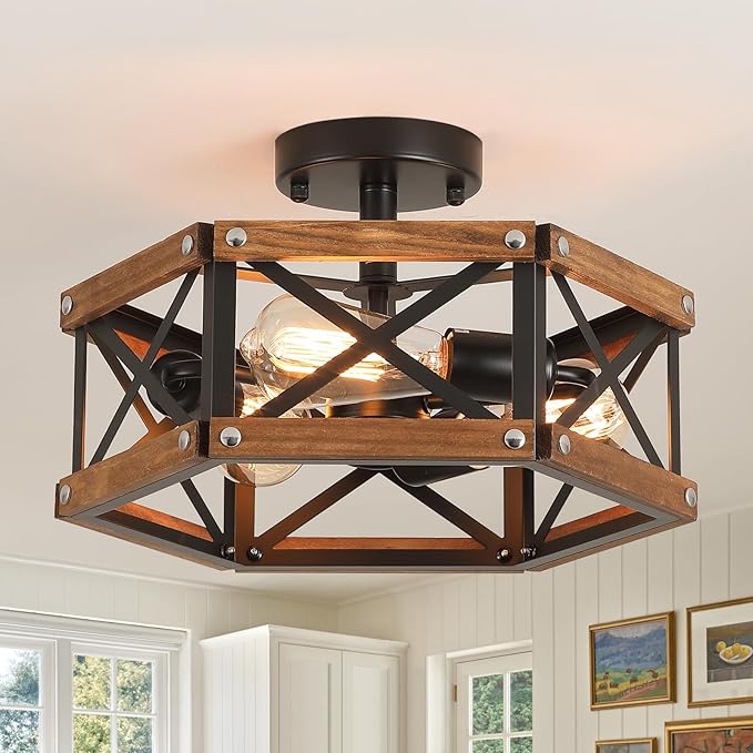 3-Light Rustic Farmhouse Wood Flush Mount Ceiling Light Fixture 14.5 inch Oak Wood and Metal Hexagon Cage Semi Flush Mount Ceiling Light for Hallway Hall Entry Bedroom Kitchen Farmhouse, Black