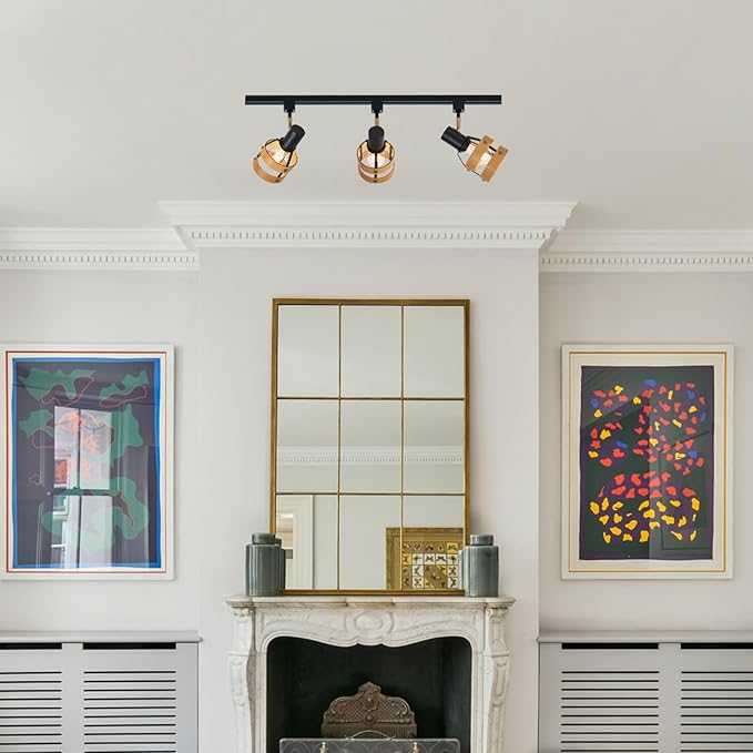 Adjustable Modern H-Type Track Lighting Heads, Farmhouse 3-Pack Real Pecan Wood and Brass Accent, Retail Display, Gallery Walls, E26 Base