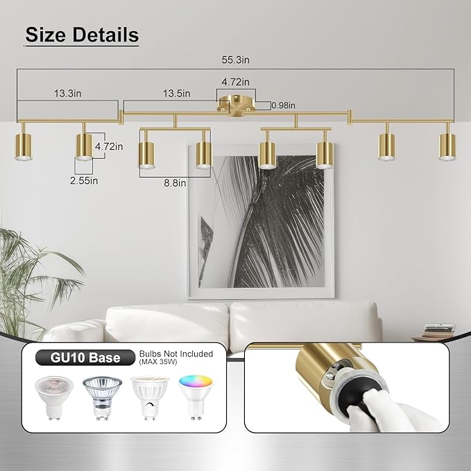 Track Lighting Fixture Ceiling Gold, Modern Track Light Fixtures Kitchen, 8-Light Rotatable LED Track Lights, Semi Flush Wall Sconces Lighting for Dining Room/Hallway(GU10 Socket, Bulb Not Included)