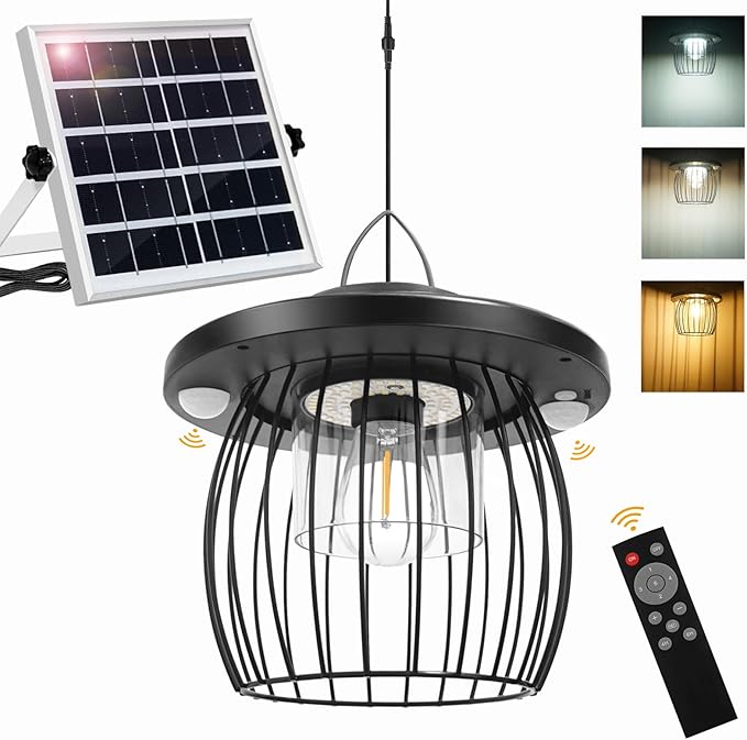 Solar Shed Lights with 2 Motion Sensors, Classic Metal Solar Chandelier Outdoor with 5 Lighting Modes, Waterproof Pendant Lamp with Remote Control for Barn, Gazebo, Garden, Patio(16.4FT Cord)
