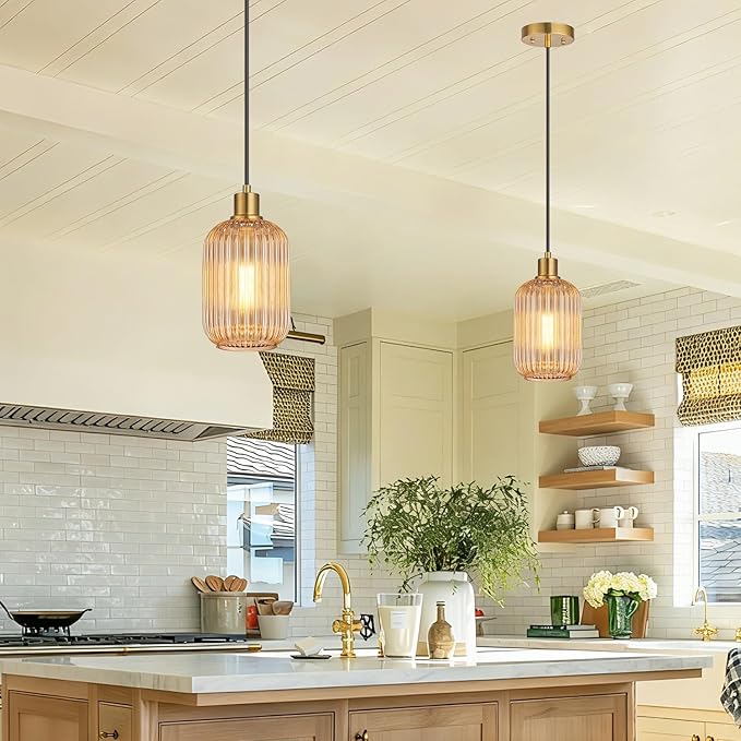 2 Pack Amber Cylinder Pendant Lights Kitchen Island with Ribbed Lampshade, Brushed Gold Hanging Light Fixture, Adjustable Pendant Lighting for Kitchen Island Sink Dining Room (Bulbs Not Included)