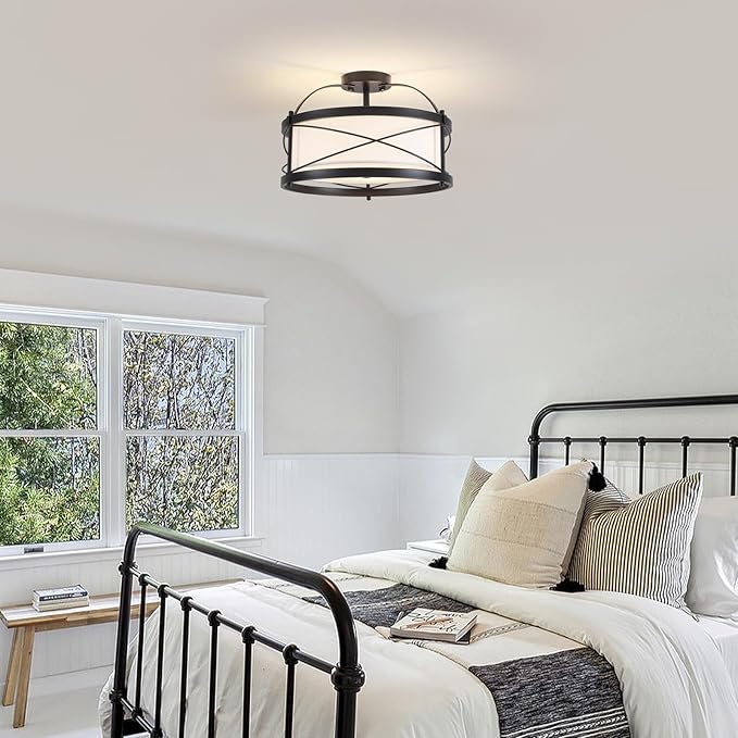 Modern Flush Mount Ceiling Light, 3-Light Black Metal White Fabric Shade Close to Ceiling Light Fixture for Kitchen Dining Room Bedroom Living Room Foyer E26 Base (Not Included Bulb)
