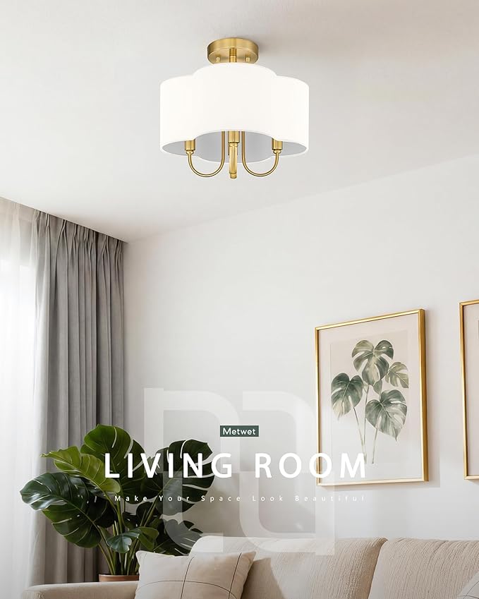 Gold Semi Flush Mount Ceiling Light, 13.5" 4-Light Light Fixtures Ceiling Mount with Beige Fabric Shade in Quatrefoil for Kitchen Nursery Entryway Hallway Bedroom, E12 Base, SM179-BG-B