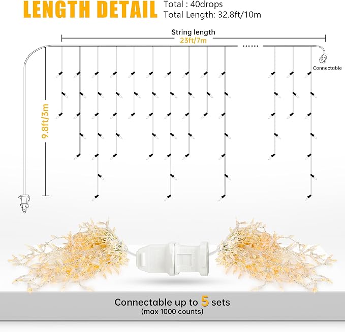 YOUNGAR Icicle Lights Outdoor, 23FT 200 Connectable Icicle Christmas Lights,Warm White Plug in Curtain String Lights for Indoor Wedding Party Holiday Xmas Yard Patio Window Decoration
