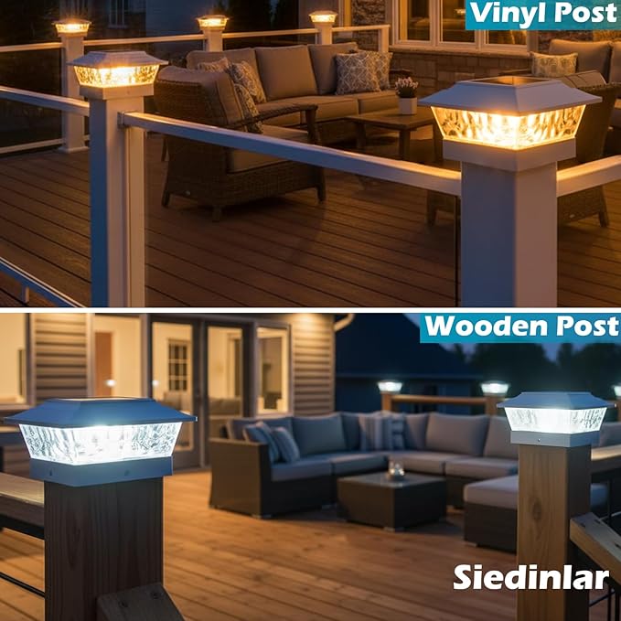 SIEDiNLAR Solar Post Lights Outdoor 12 LEDs 4 Modes Post Cap Light for 4x4 5x5 6x6 Wooden Vinyl Fence Deck Posts Patio Garden Decor, Warm/Cool White Dynamic Lighting (2 Pack, White)