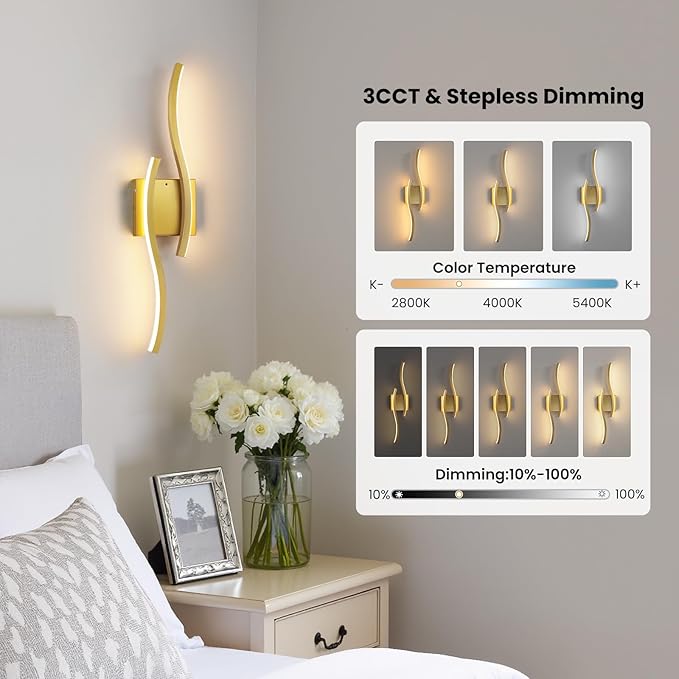 WOSHITU Gold Battery Operated Wall Sconces: 23.6 Inch Rechargeable Wall Sconce Set of 2 with Remote Control 3CCT Dimmable Wall Light Modern Cordless Wall Lamp for Bedroom Living Room Hallway Bathroom