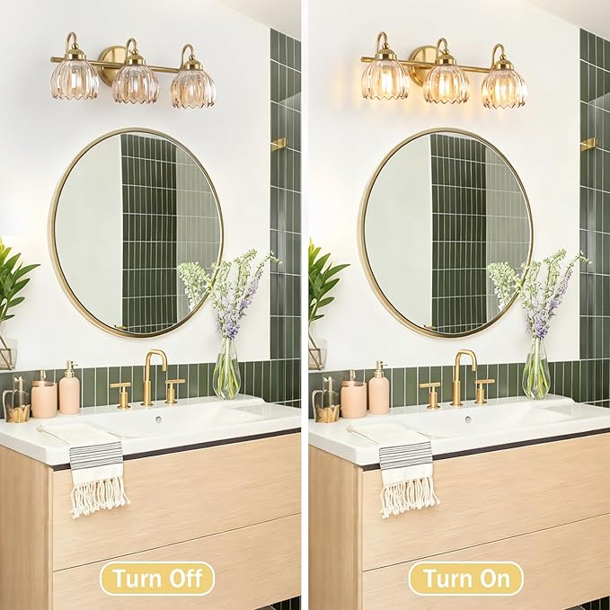 Vintage Bathroom Light Fixtures, Brass Vanity Lights with Amber Tulip Glass Shade, Vanity Sconces for Bathroom Bedroom Living Room Hallway, 3-Light