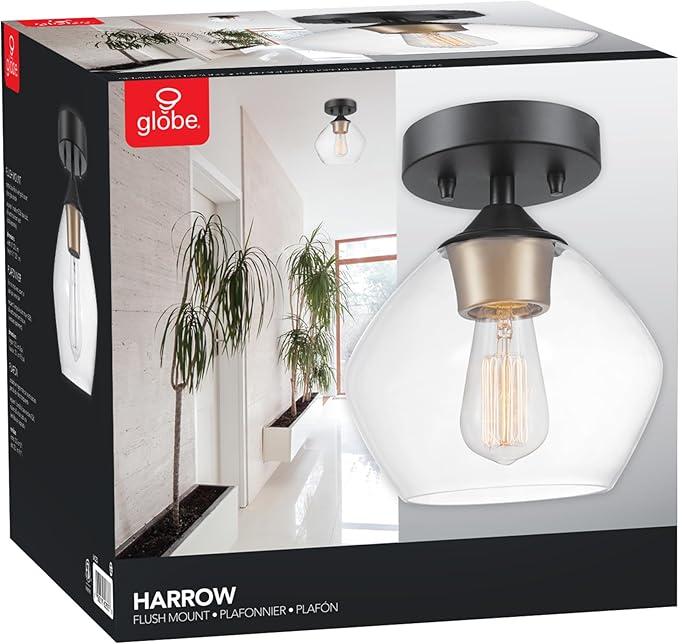 Globe Electric Harrow 1-Light Semi-Flush Mount Ceiling Light with a Matte Black Finish, Gold Accent Socket and Clear Glass Shade, Dimmable Option