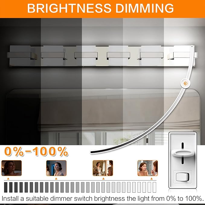 SOLFART 6-Light Bathroom Vanity Lights Above Mirror, Chrome Light Fixtures for Bathroom, LED Vanity Lighting,5 Color Temperature Adjustable,Bath Lighting Fixture Nickel