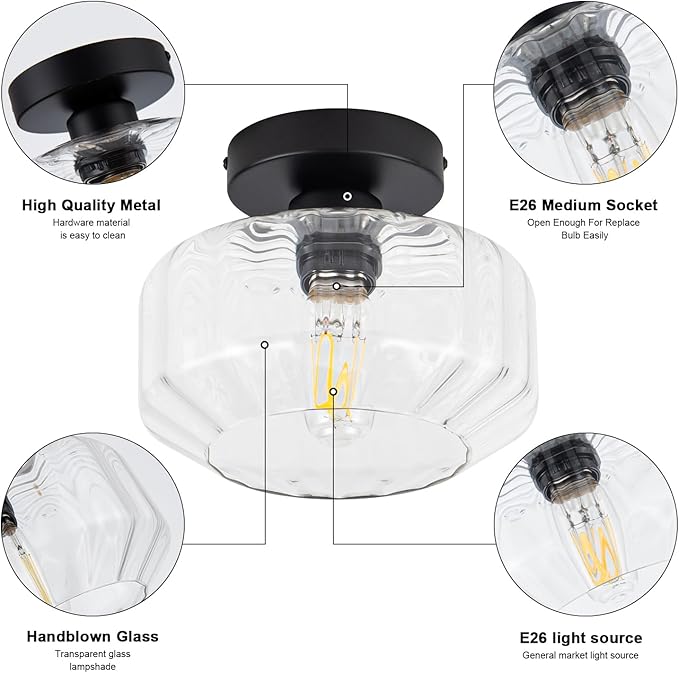 Tbaoinal Semi Flush Mount Ceiling Light with Diamond Glass Shade, 36-Faceted Panels Create Starburst Effect, 1200LM LED Bulb Included Matte Black Ideal for Hallway Entryway Kitchen Bathroom Bedroom