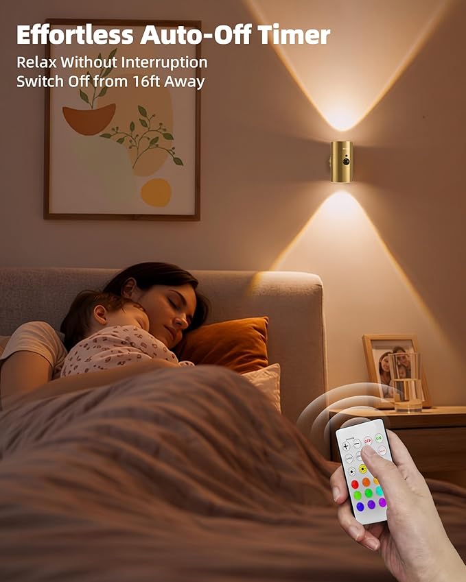 EZVALO Motion Sensor Wall Sconces with Remote, Rechargeable Battery Operated 4000mAh Wall Lights, 3 Color Temperatures & 12 RGB, Wireless LED Lighting for Hallway, Living Room (Brass Gold, 2 Pack)
