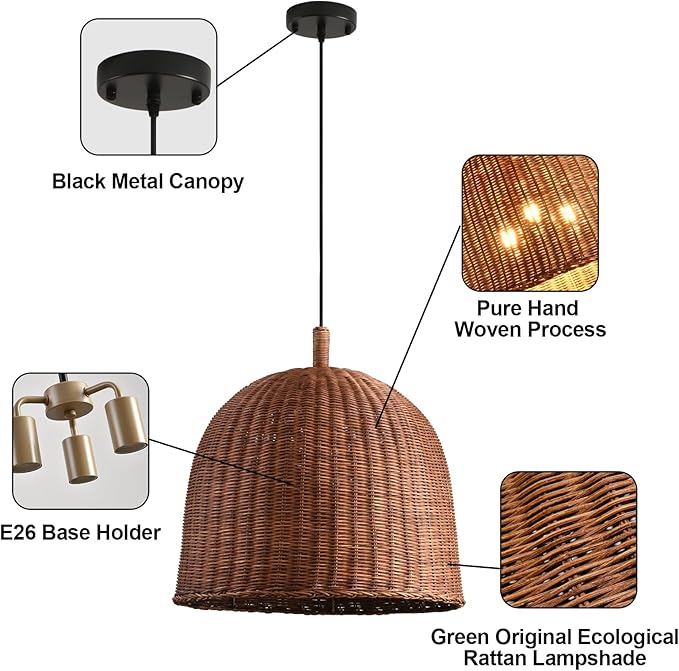 17" Farmhouse Rattan Chandelier 3-Lights Boho Wicker Pendant Lights Hand Woven Bamboo Dining Room Light Coastal Hanging Lighting Fixture for Living Room Kitchen Island Bedroom eRestaurant Foyer