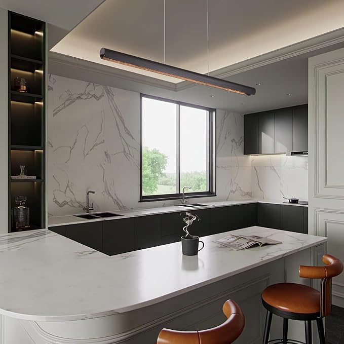 YISDESIGN 39inch Integrated Led Pendant Light,24w Dimmable Wood Linear Pendant Lighting,Led Modern Island Light with Black Finish,for Kitchen Island,Dining Room,Billiard & Pool Lights