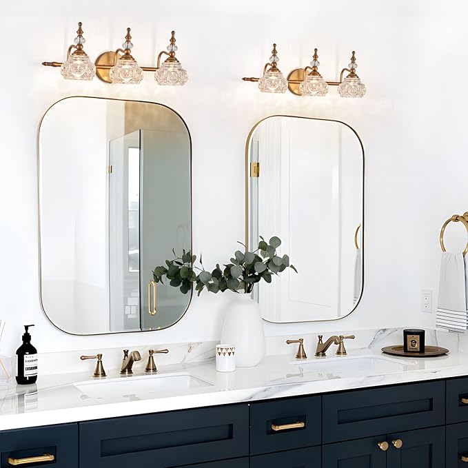 Vintage Vanity Light Fixture, 3 Lights Bathroom Lighting Matte Brushed Antique Brass Finish with Crystal Glass Shade, Vintage Vanity Light for Bathroom Bedroom Living Room