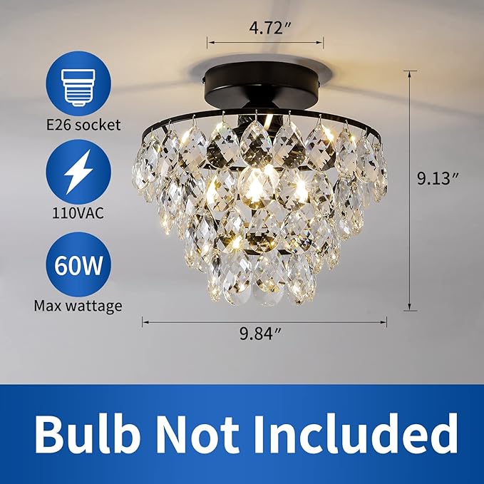 CM MZY Modern Small Crystal Ceiling Light Fixture, Matt Black Semi Flush Mount Ceiling Light Fixture, Mini Crystal Chandeliers for Hallway Bedroom Bathroom Closet Bedroom Foyer