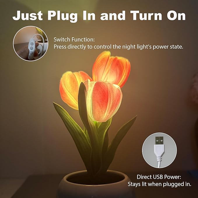Tulip Flower Table Lamp Pink LED Desk Night Light with Vase, Artificial Flower Decor for Bedroom, Living Room, Elegant Centerpiece for Wedding Birthday Party, Home Decor Gift
