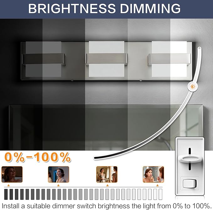 SOLFART Brushed-Nickel Bathroom Vanity Light Fixtures Over Mirror, Dimmable Vanity Lights for Bathroom, 3 Lights Bathroom Lighting Modern LED Lights