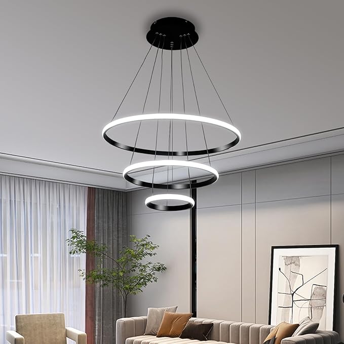 Viruhaka Modern LED Pendant Light, Adjustable Height Circular Entrance Black 3 Ring Circular Chandelier Fixture, Suitable for Restaurants, Kitchens, Islands, Living Rooms, Cafes, Etc. (4000K)