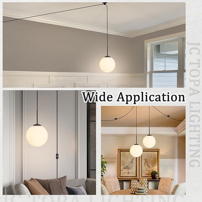 10” Plug in Globe Pendant Light Mid Century Modern Milk White Glass Globe Chandelier with 14.75ft Plug with Dimmable Switch for Bedroom Dining Room Kitchen Island, Black