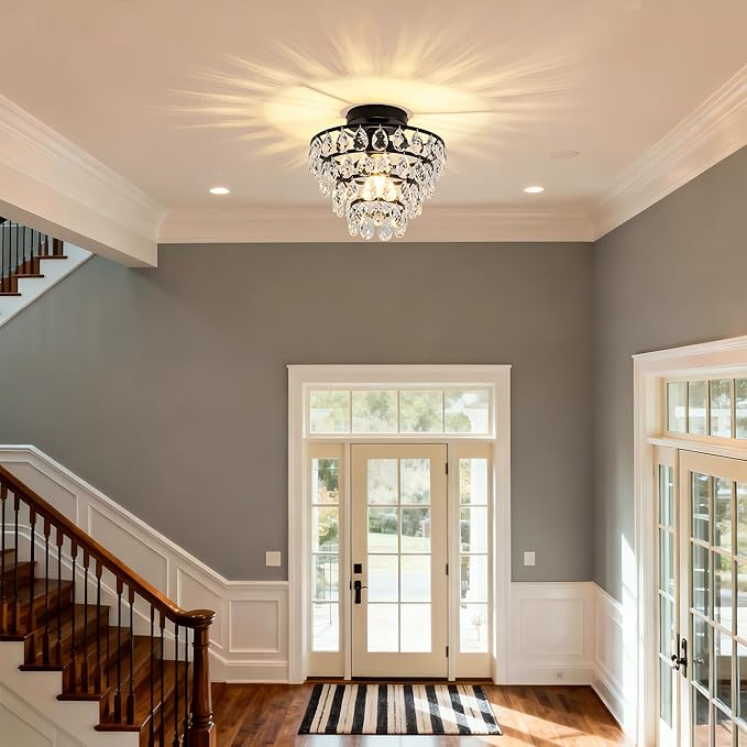 Mayful Modern Crystal Ceiling Light Fixture Black Semi Flush Mount Ceiling Chandelier Mini Ceiling Light for Hallway Bedroom Bathroom Living Room E26