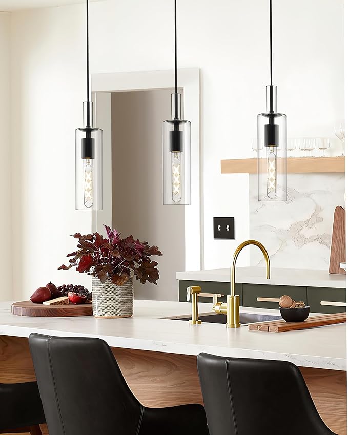 AUTELO 2 Pack Pendant Lights Kitchen Island, Modern Black Pendant Lights, Cylinder Glass Pendant Light Fixtures, Kitchen Pendant Lighting Over Island, H3875 BKNR-2PK
