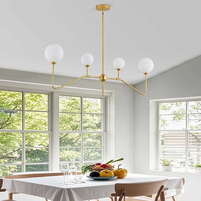 Modern Linear Chandelier for Dining Room,Glass Globe Kitchen Island Light, Mid-Century Sputnik Ceiling Light Fixture with Brushed Gold Finish & Milk Glass Shades, Adjustable Rod Hanging Lighting