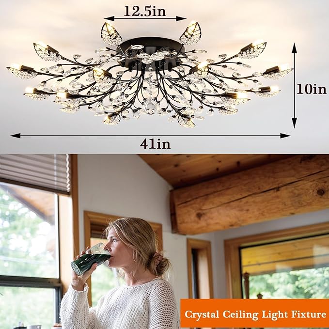 Small Crystal Chandelier Modern Semi Flush Mount Ceiling Light Fixture Black Leaves Chandeliers Lighting for Bedroom Living Room Dining Room Kitchen Hallway Foyer