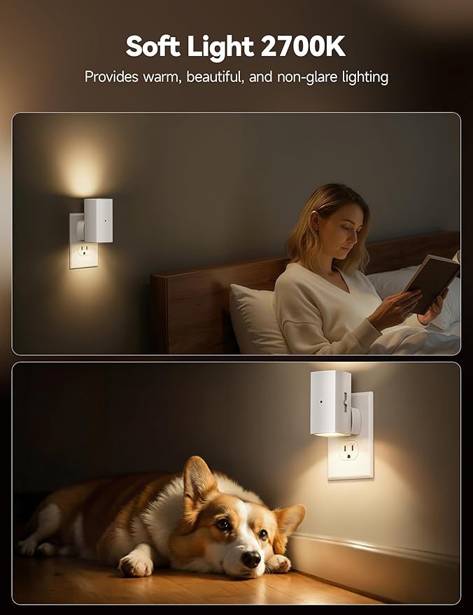 Brightown 2 Pack White Night Lights Plug into Wall, Modern Night Light with Rotating Plug, Dusk to Dawn Sensor, 0-100LM Stepless Dimming Aora Night Light for Hallway Bedroom Bathroom, Soft White